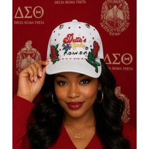 Delta Sigma Theta Baseball Cap White with Red Rhinestones & White Pearls